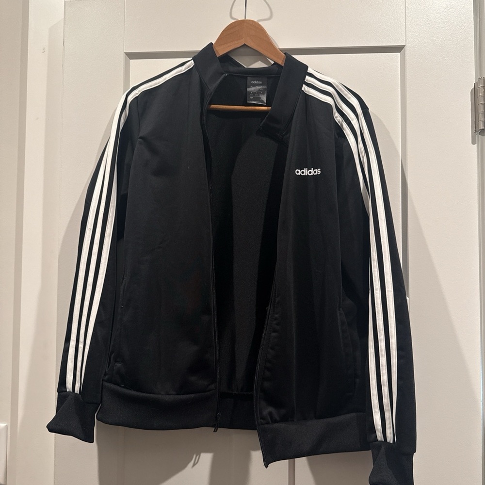 Adidas Men's Black Bomber Jacket with White Stripes